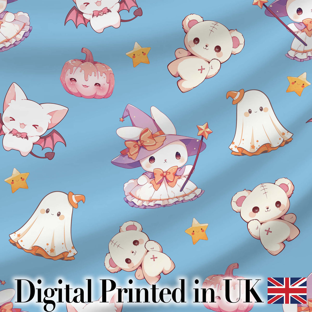 Kawaii Halloween Bunny Witch Ghost Pumpkin Seamless Pattern Blue Background Digital Print Fabric by the Metre UK Sewing Quilting Textile