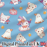 Kawaii Halloween Bunny Witch Ghost Pumpkin Seamless Pattern Blue Background Digital Print Fabric by the Metre UK Sewing Quilting Textile