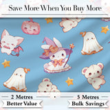 Kawaii Halloween Bunny Witch Ghost Pumpkin Seamless Pattern Blue Background Digital Print Fabric by the Metre UK Sewing Quilting Textile