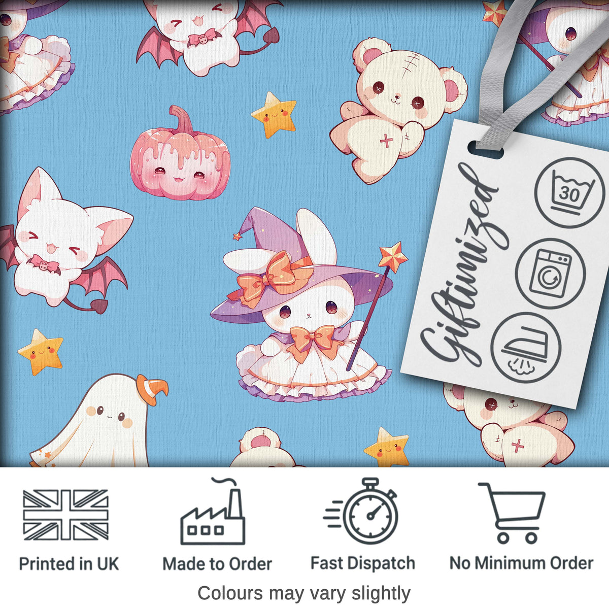Kawaii Halloween Bunny Witch Ghost Pumpkin Seamless Pattern Blue Background Digital Print Fabric by the Metre UK Sewing Quilting Textile