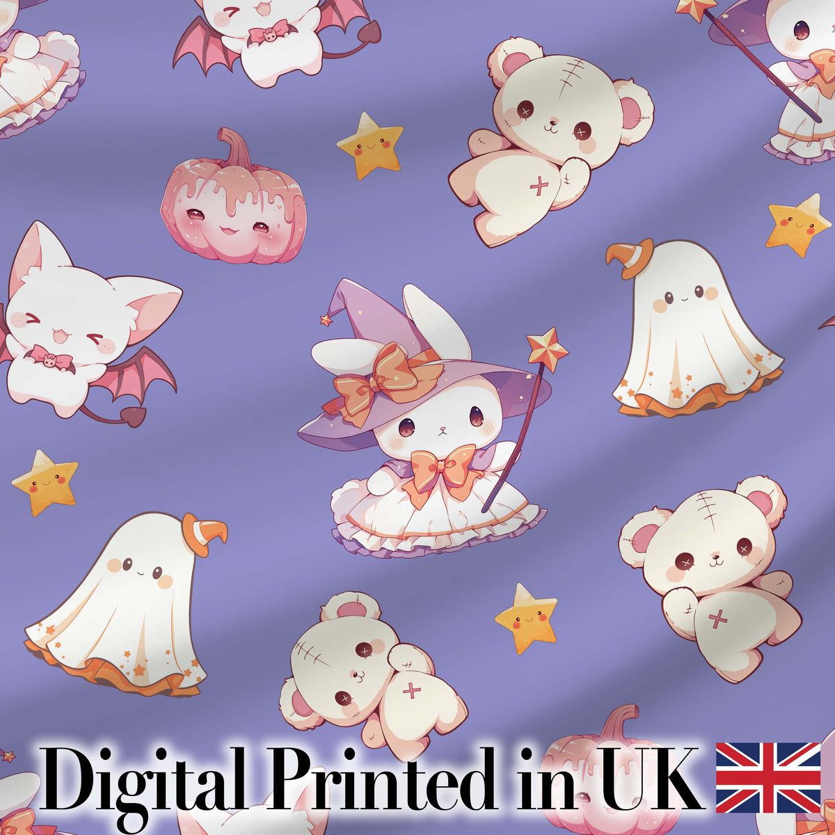 Cute  Halloween Bunny Witch Ghost Pumpkin Seamless Pattern Purple Background Digital Print Fabric by the Metre UK Sewing Quilting Textile