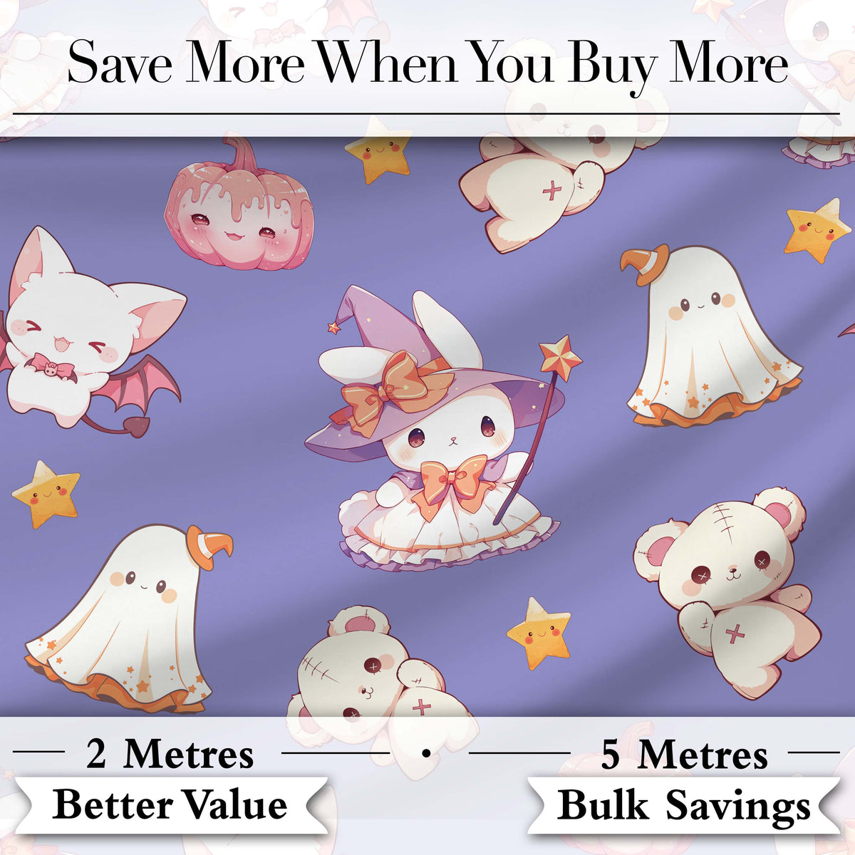 Cute  Halloween Bunny Witch Ghost Pumpkin Seamless Pattern Purple Background Digital Print Fabric by the Metre UK Sewing Quilting Textile