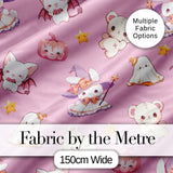 Cute  Halloween Bunny Witch Ghost Pumpkin Seamless Pattern Soft Pink Background Digital Print Fabric by the Metre UK Sewing Quilting Textile