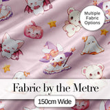 Cute Halloween Bunny Witch Ghost Pumpkin Seamless Pattern Blush Pink Background Digital Print Fabric by the Metre UK Sewing Quilting Textile
