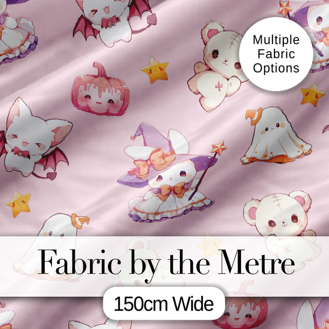 Cute Halloween Bunny Witch Ghost Pumpkin Seamless Pattern Blush Pink Background Digital Print Fabric by the Metre UK Sewing Quilting Textile