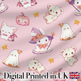 Cute Halloween Bunny Witch Ghost Pumpkin Seamless Pattern Blush Pink Background Digital Print Fabric by the Metre UK Sewing Quilting Textile
