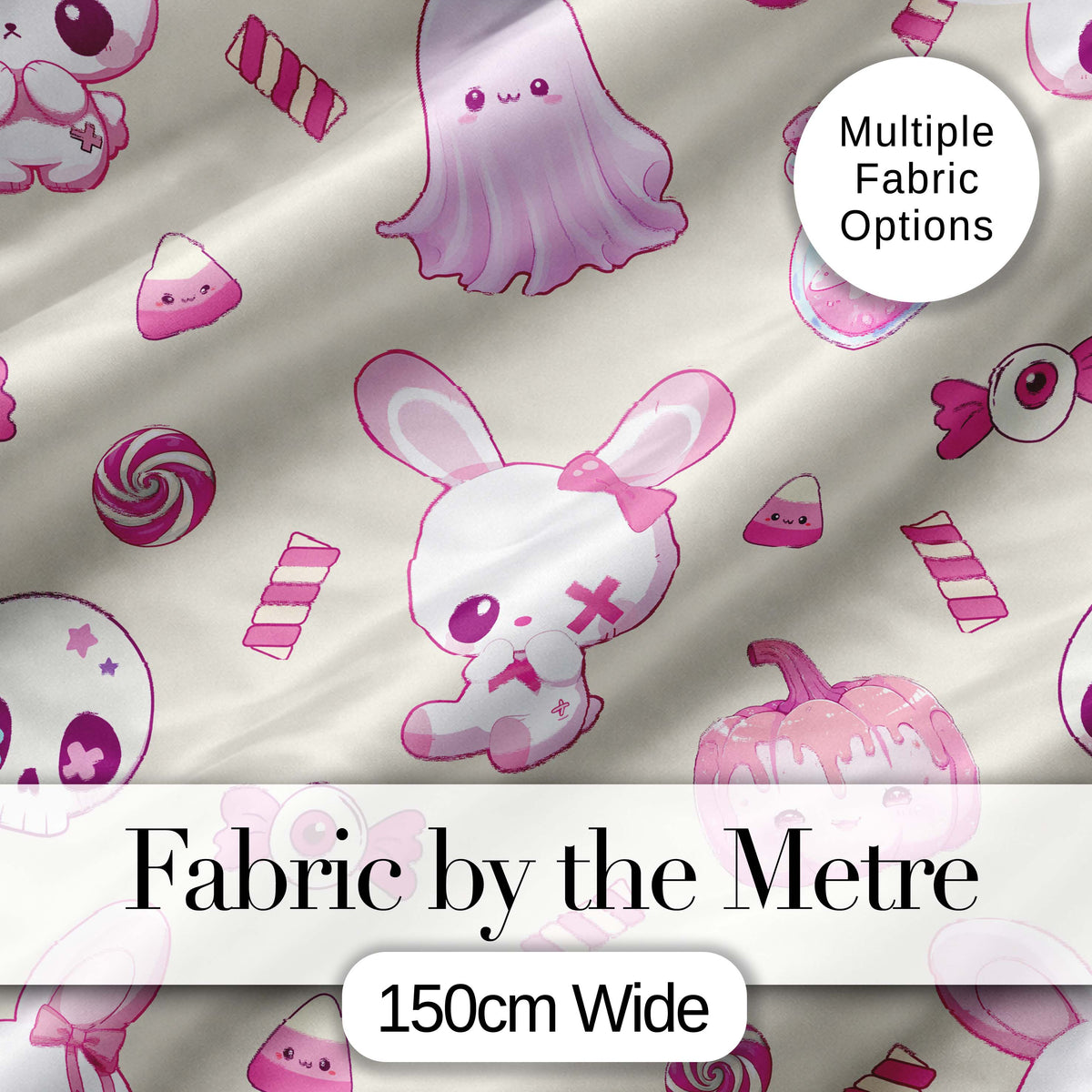 Cute Pink Halloween Bunny Candy Ghost Pumpkin Seamless Pattern Cream Background Digital Print Fabric by the Metre UK Sewing Quilting Textile
