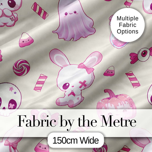 Cute Pink Halloween Bunny Candy Ghost Pumpkin Seamless Pattern Cream Background Digital Print Fabric by the Metre UK Sewing Quilting Textile