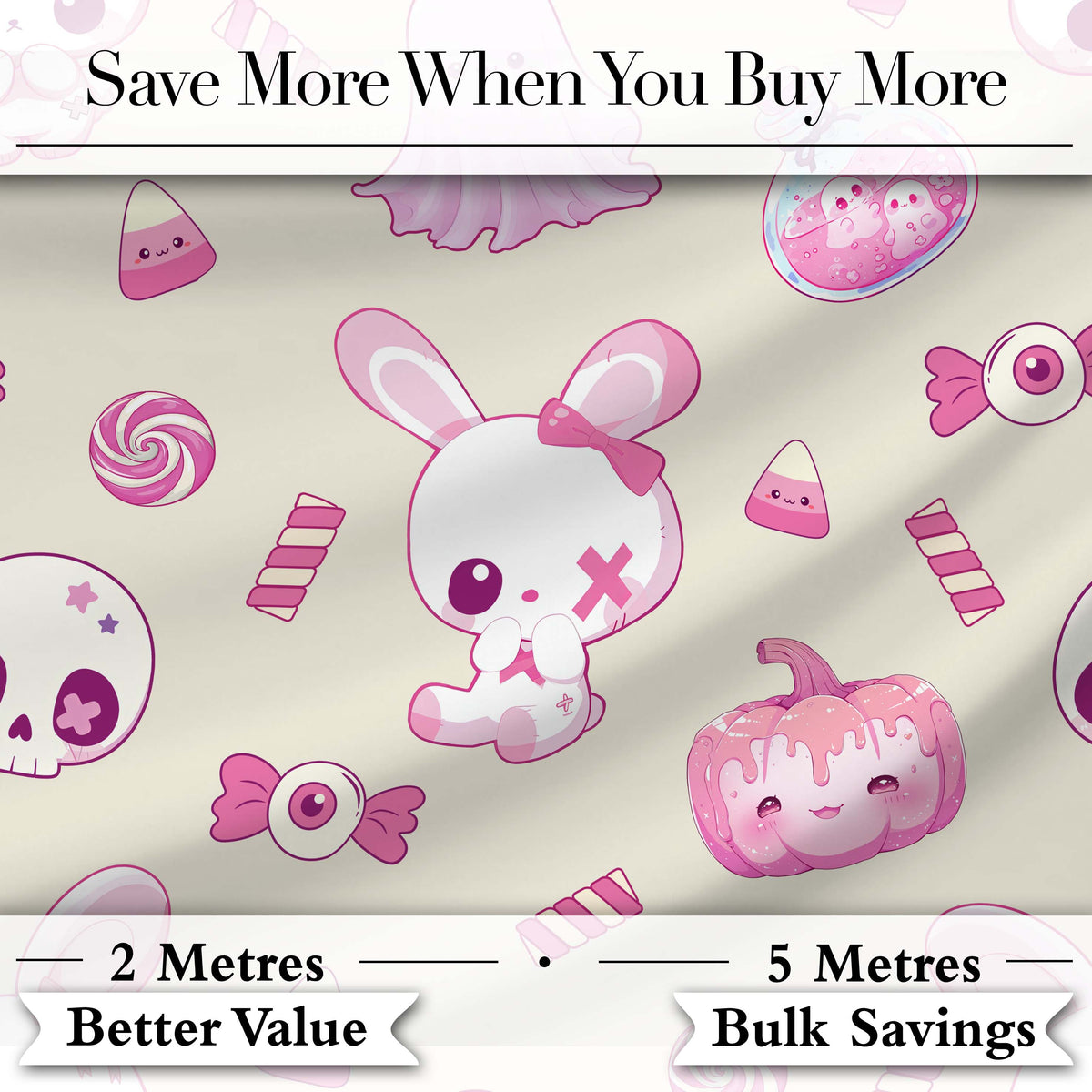 Cute Pink Halloween Bunny Candy Ghost Pumpkin Seamless Pattern Cream Background Digital Print Fabric by the Metre UK Sewing Quilting Textile