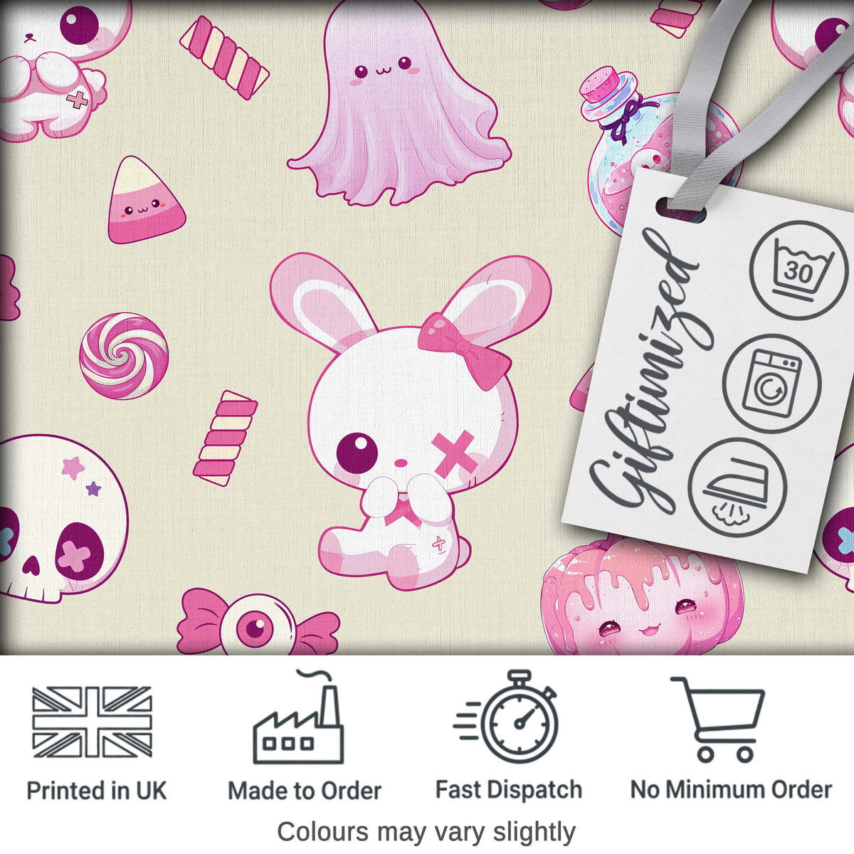 Cute Pink Halloween Bunny Candy Ghost Pumpkin Seamless Pattern Cream Background Digital Print Fabric by the Metre UK Sewing Quilting Textile