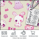 Cute Pink Halloween Bunny Candy Ghost Pumpkin Seamless Pattern Cream Background Digital Print Fabric by the Metre UK Sewing Quilting Textile