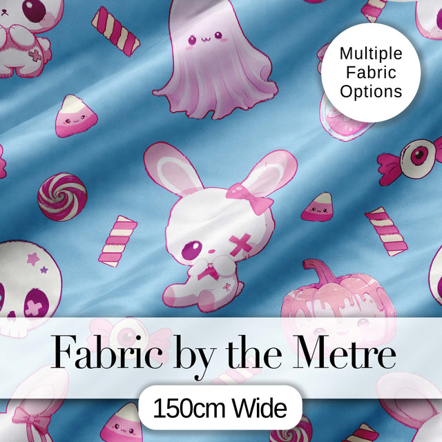 Cute  Halloween Bunny Ghost Candy Pumpkin Seamless Pattern Blue Background Digital Print Fabric by the Metre UK Sewing Quilting Textile
