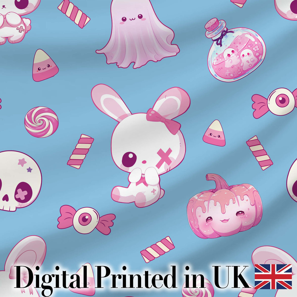 Cute  Halloween Bunny Ghost Candy Pumpkin Seamless Pattern Blue Background Digital Print Fabric by the Metre UK Sewing Quilting Textile