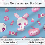 Cute  Halloween Bunny Ghost Candy Pumpkin Seamless Pattern Blue Background Digital Print Fabric by the Metre UK Sewing Quilting Textile