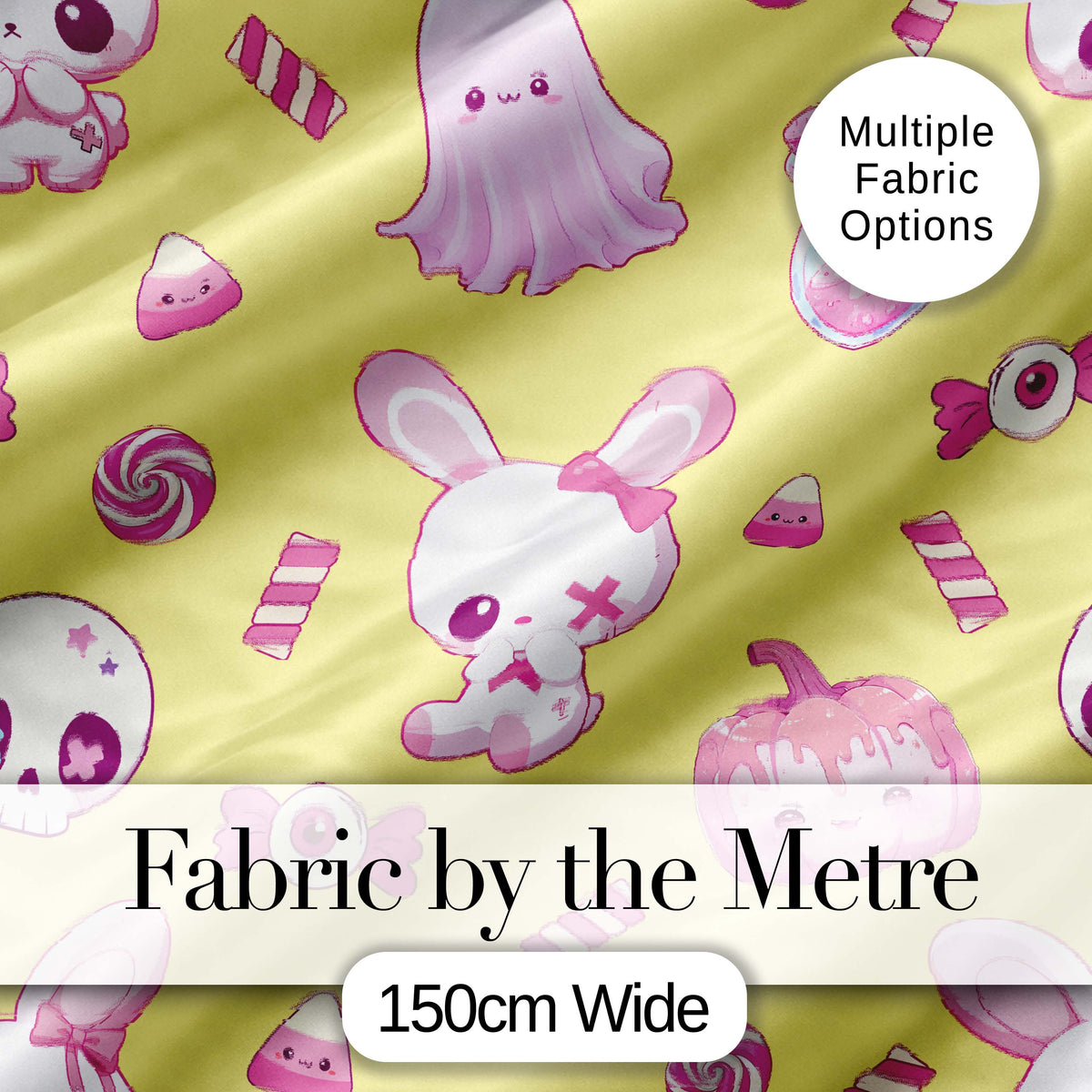 Cute  Halloween Bunny Ghost Candy Pumpkin Seamless Pattern Yellow Background Digital Print Fabric by the Metre UK Sewing Quilting Textile