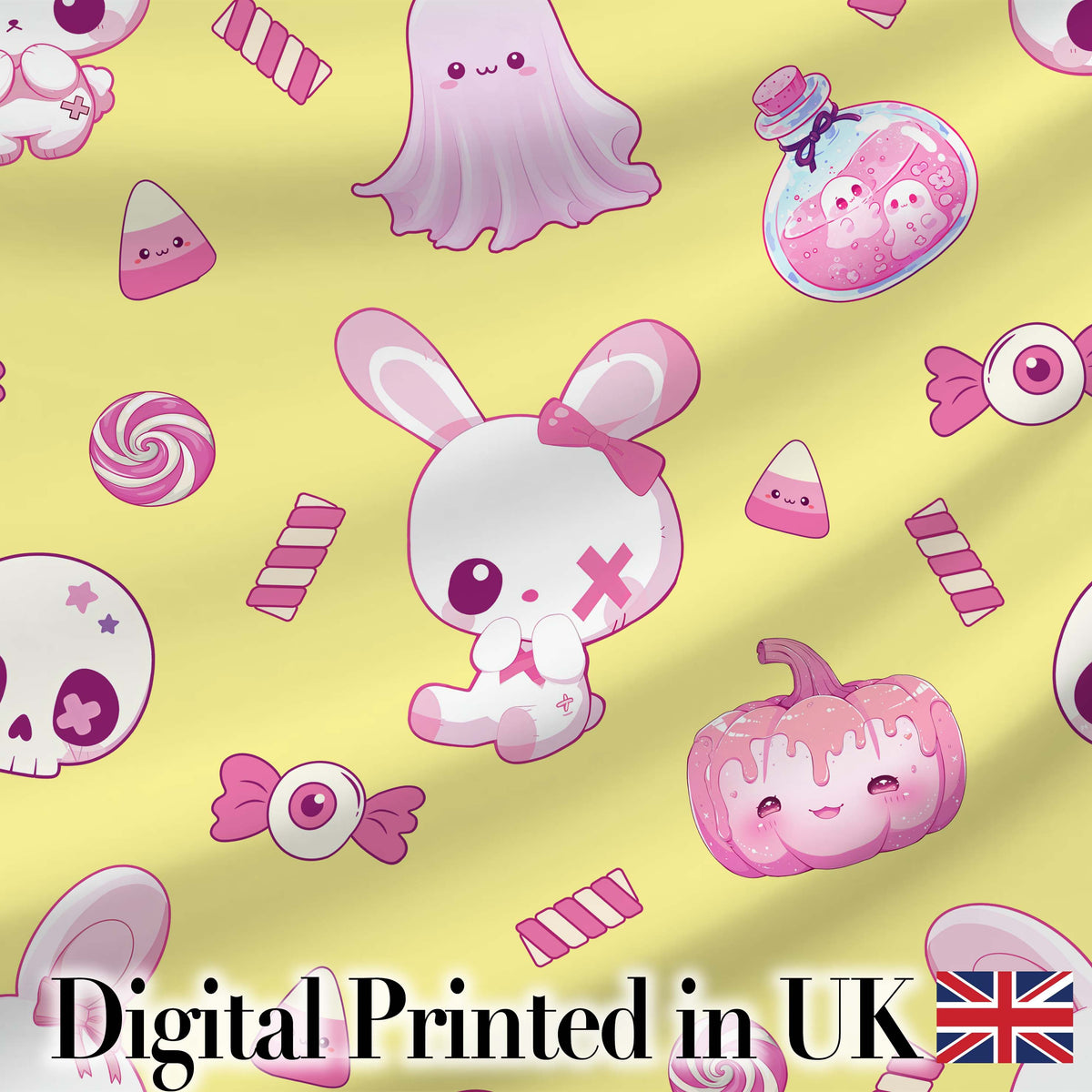 Cute  Halloween Bunny Ghost Candy Pumpkin Seamless Pattern Yellow Background Digital Print Fabric by the Metre UK Sewing Quilting Textile