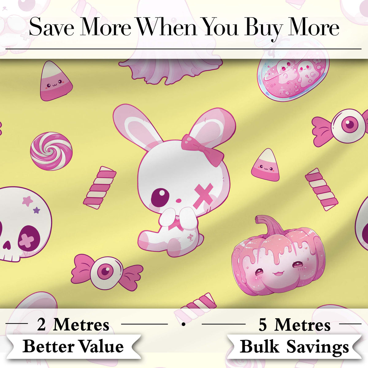 Cute  Halloween Bunny Ghost Candy Pumpkin Seamless Pattern Yellow Background Digital Print Fabric by the Metre UK Sewing Quilting Textile