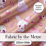 Cute  Halloween Bunny Ghost Candy Pumpkin Seamless Pattern Peach Background Digital Print Fabric by the Metre UK Sewing Quilting Textile