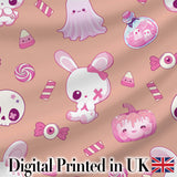Cute  Halloween Bunny Ghost Candy Pumpkin Seamless Pattern Peach Background Digital Print Fabric by the Metre UK Sewing Quilting Textile
