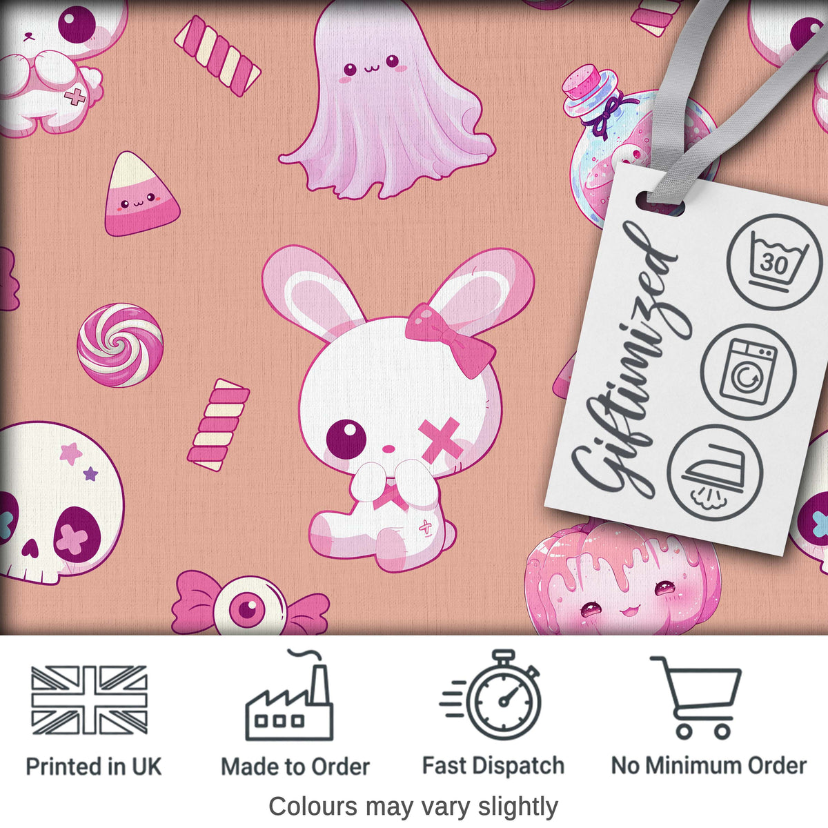 Cute  Halloween Bunny Ghost Candy Pumpkin Seamless Pattern Peach Background Digital Print Fabric by the Metre UK Sewing Quilting Textile