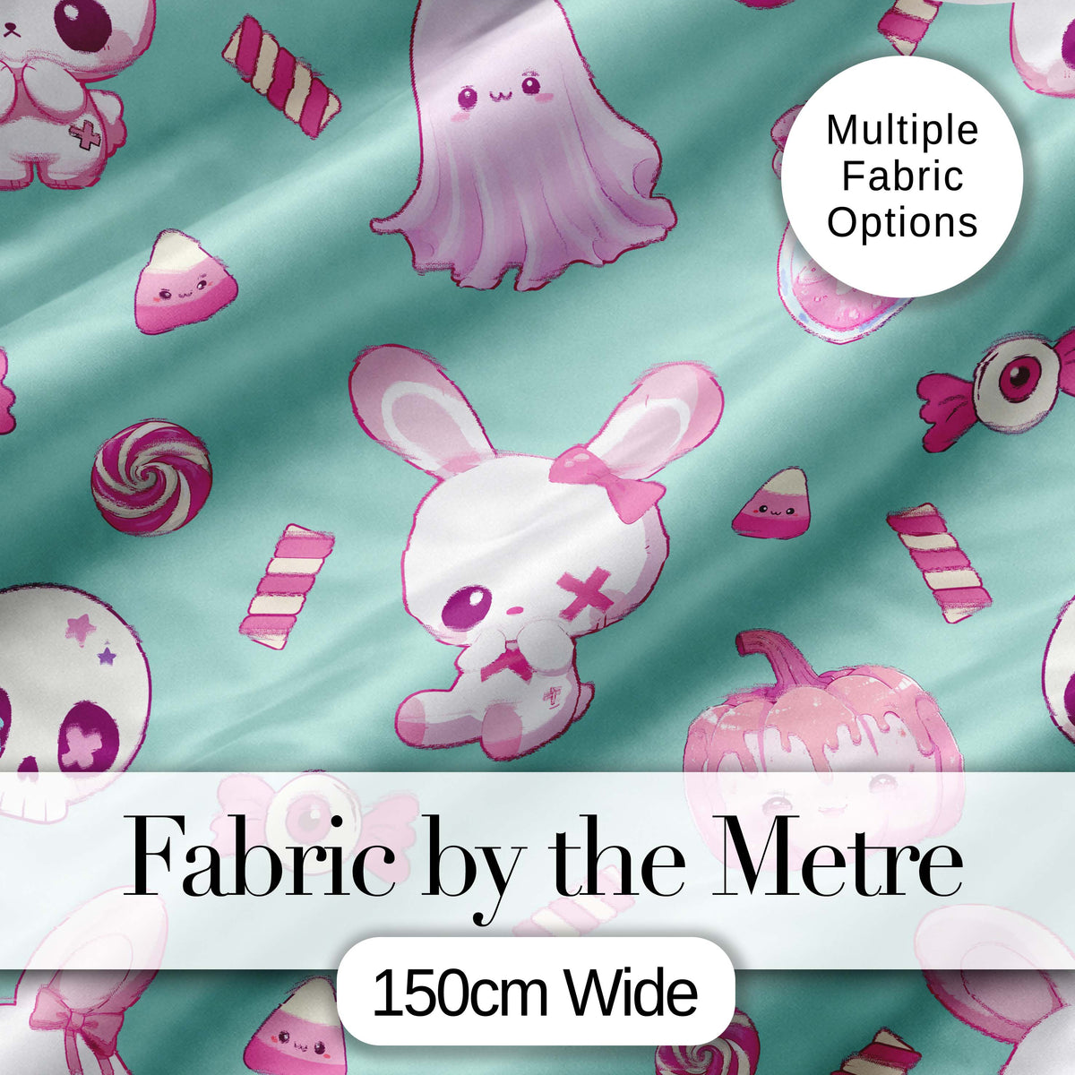 Cute  Halloween Bunny Ghost Candy Pumpkin Seamless Pattern Teal Background Digital Print Fabric by the Metre UK Sewing Quilting Textile