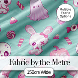 Cute  Halloween Bunny Ghost Candy Pumpkin Seamless Pattern Teal Background Digital Print Fabric by the Metre UK Sewing Quilting Textile