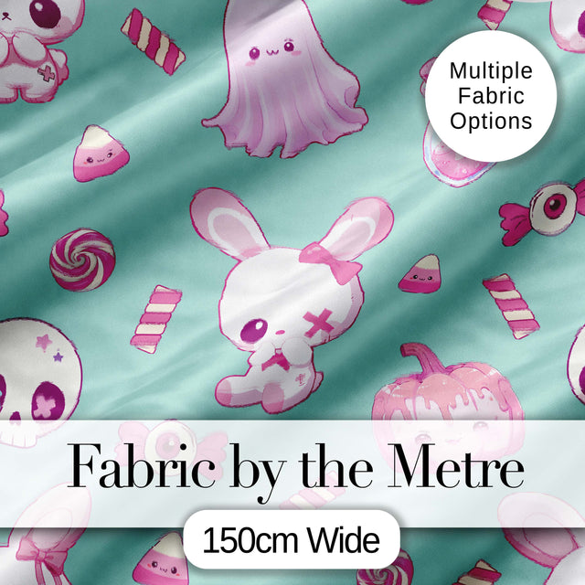 Cute  Halloween Bunny Ghost Candy Pumpkin Seamless Pattern Teal Background Digital Print Fabric by the Metre UK Sewing Quilting Textile