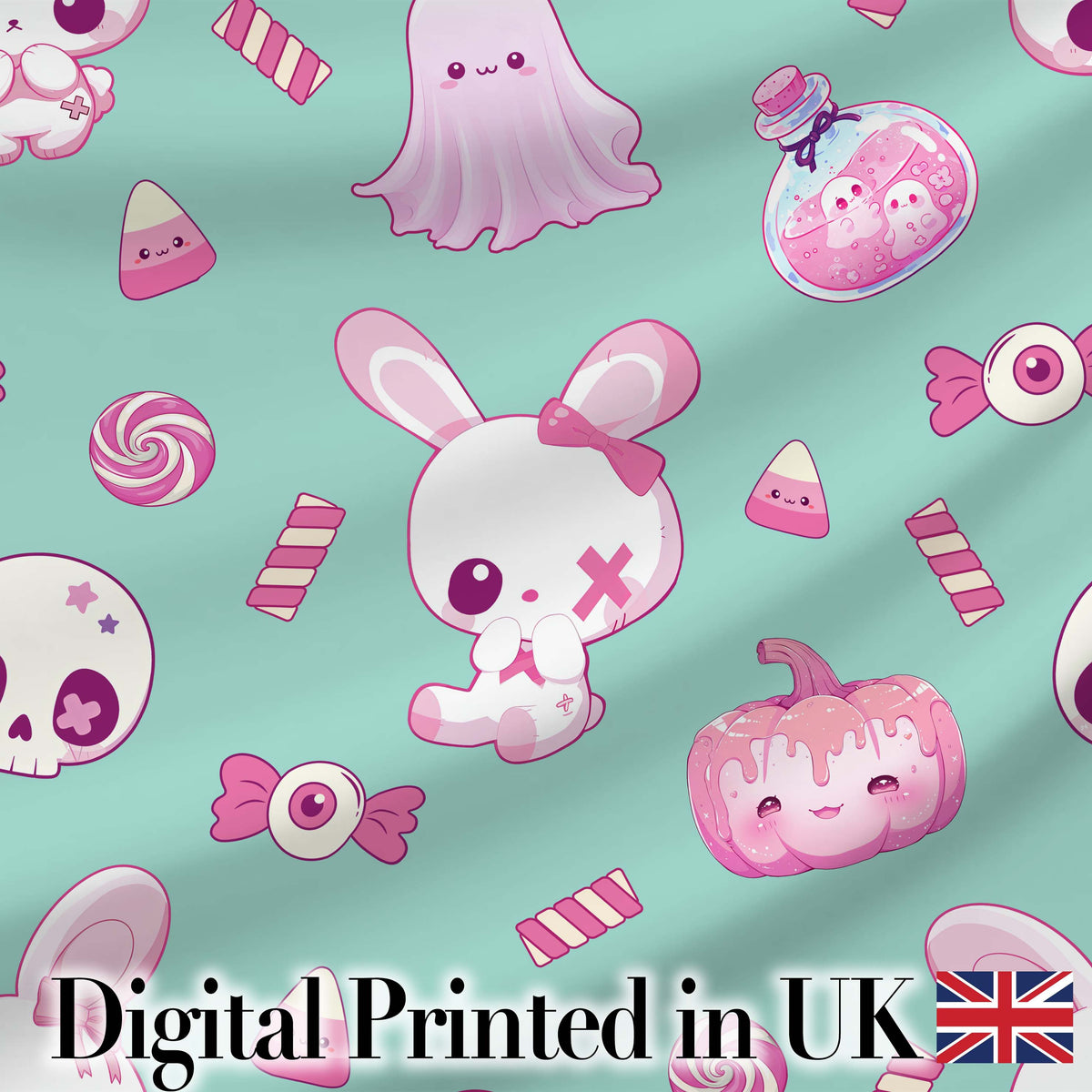 Cute  Halloween Bunny Ghost Candy Pumpkin Seamless Pattern Teal Background Digital Print Fabric by the Metre UK Sewing Quilting Textile