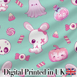 Cute  Halloween Bunny Ghost Candy Pumpkin Seamless Pattern Teal Background Digital Print Fabric by the Metre UK Sewing Quilting Textile