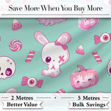 Cute  Halloween Bunny Ghost Candy Pumpkin Seamless Pattern Teal Background Digital Print Fabric by the Metre UK Sewing Quilting Textile