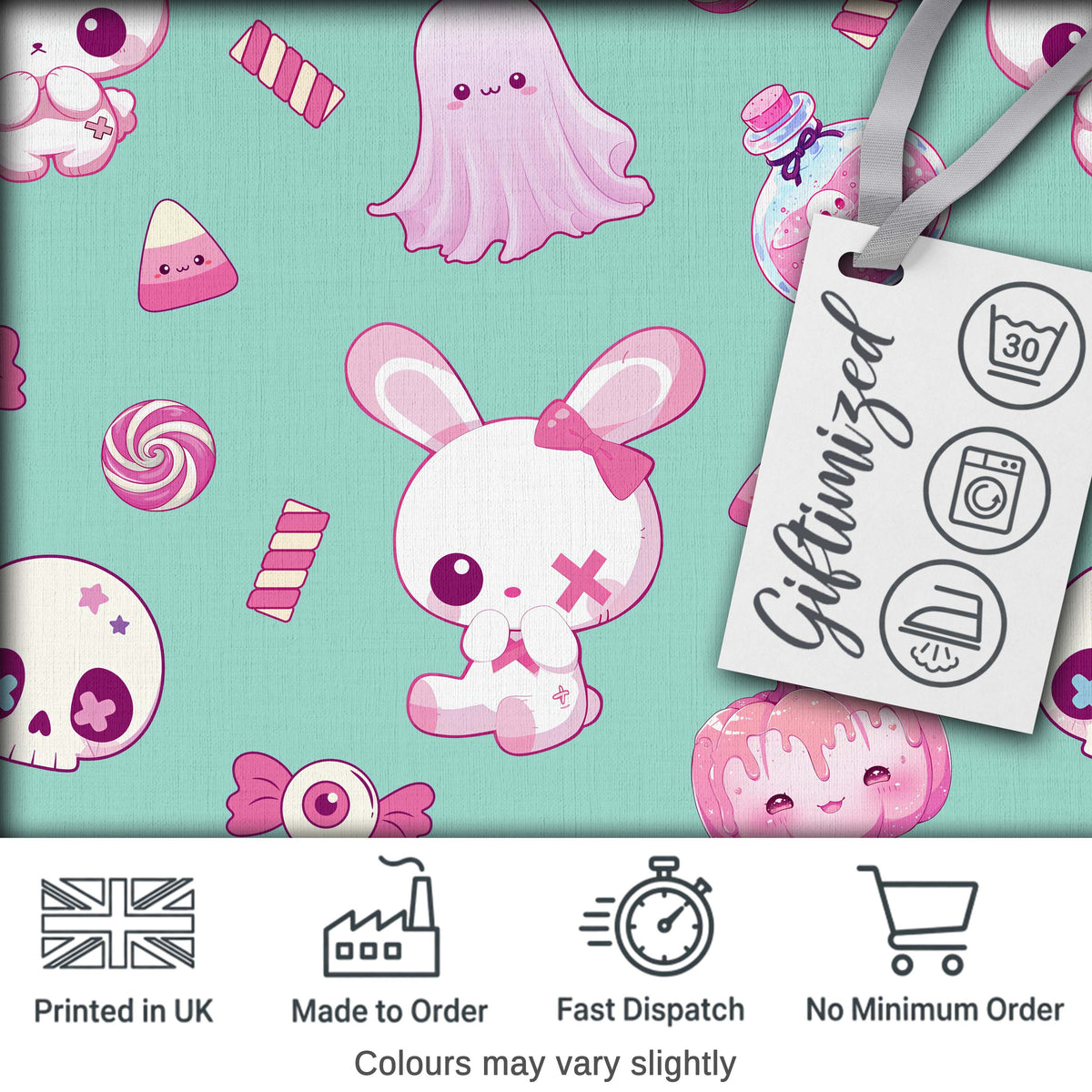 Cute  Halloween Bunny Ghost Candy Pumpkin Seamless Pattern Teal Background Digital Print Fabric by the Metre UK Sewing Quilting Textile