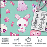 Cute  Halloween Bunny Ghost Candy Pumpkin Seamless Pattern Teal Background Digital Print Fabric by the Metre UK Sewing Quilting Textile