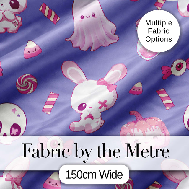 Cute  Halloween Bunny Ghost Candy Pumpkin Seamless Pattern Purple Background Digital Print Fabric by the Metre UK Sewing Quilting Textile