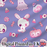 Cute  Halloween Bunny Ghost Candy Pumpkin Seamless Pattern Purple Background Digital Print Fabric by the Metre UK Sewing Quilting Textile