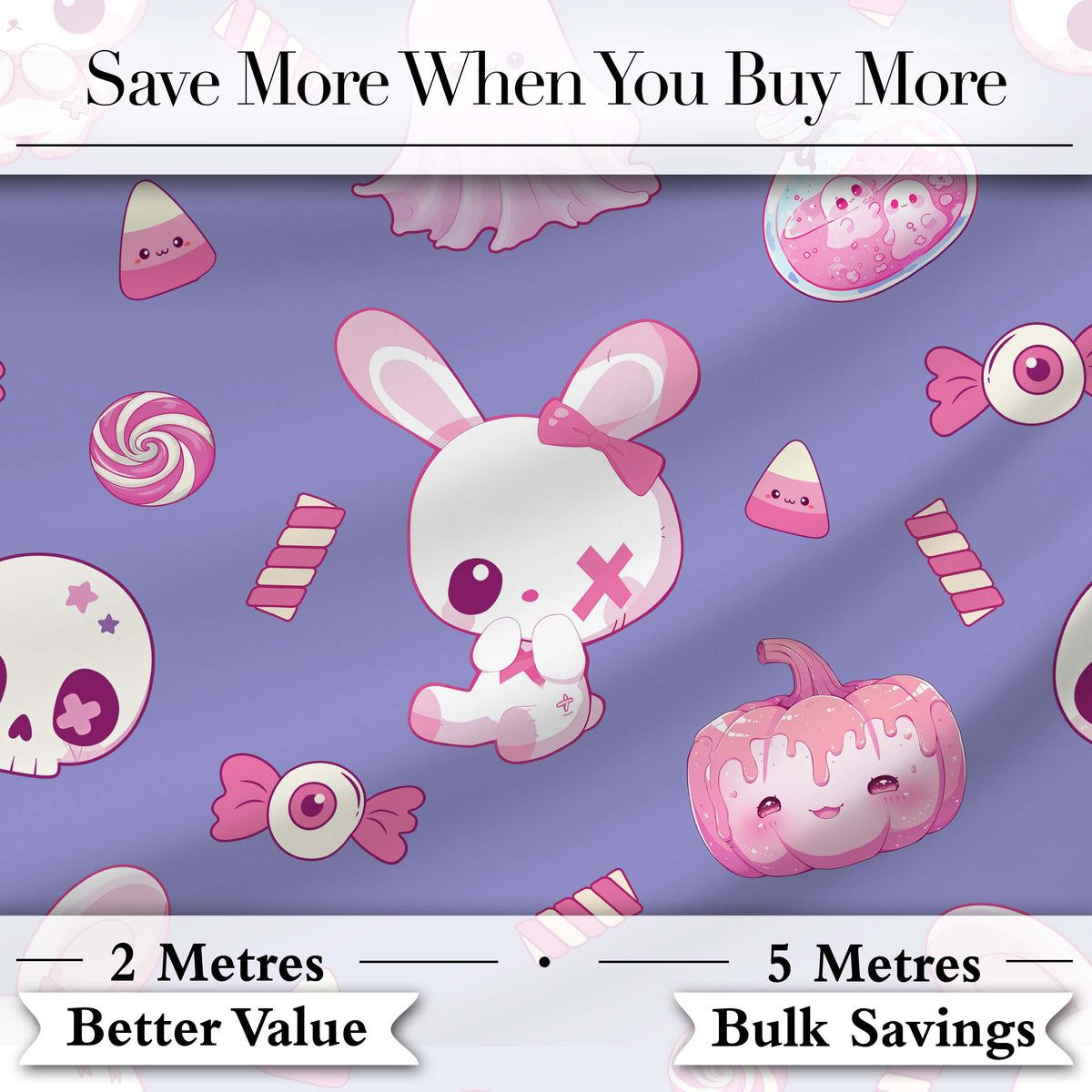 Cute  Halloween Bunny Ghost Candy Pumpkin Seamless Pattern Purple Background Digital Print Fabric by the Metre UK Sewing Quilting Textile