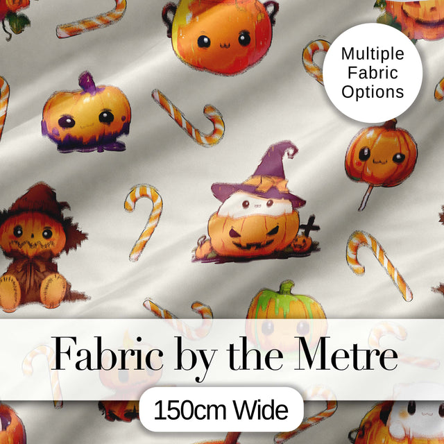 Cute Kawaii Halloween Pumpkin Candy Scarecrow Seamless Pattern Cream Background Digital Print Fabric by the Metre UK Sewing Quilting Textile