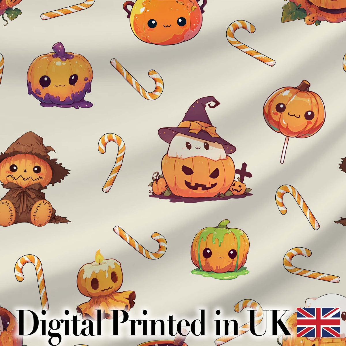 Cute Kawaii Halloween Pumpkin Candy Scarecrow Seamless Pattern Cream Background Digital Print Fabric by the Metre UK Sewing Quilting Textile