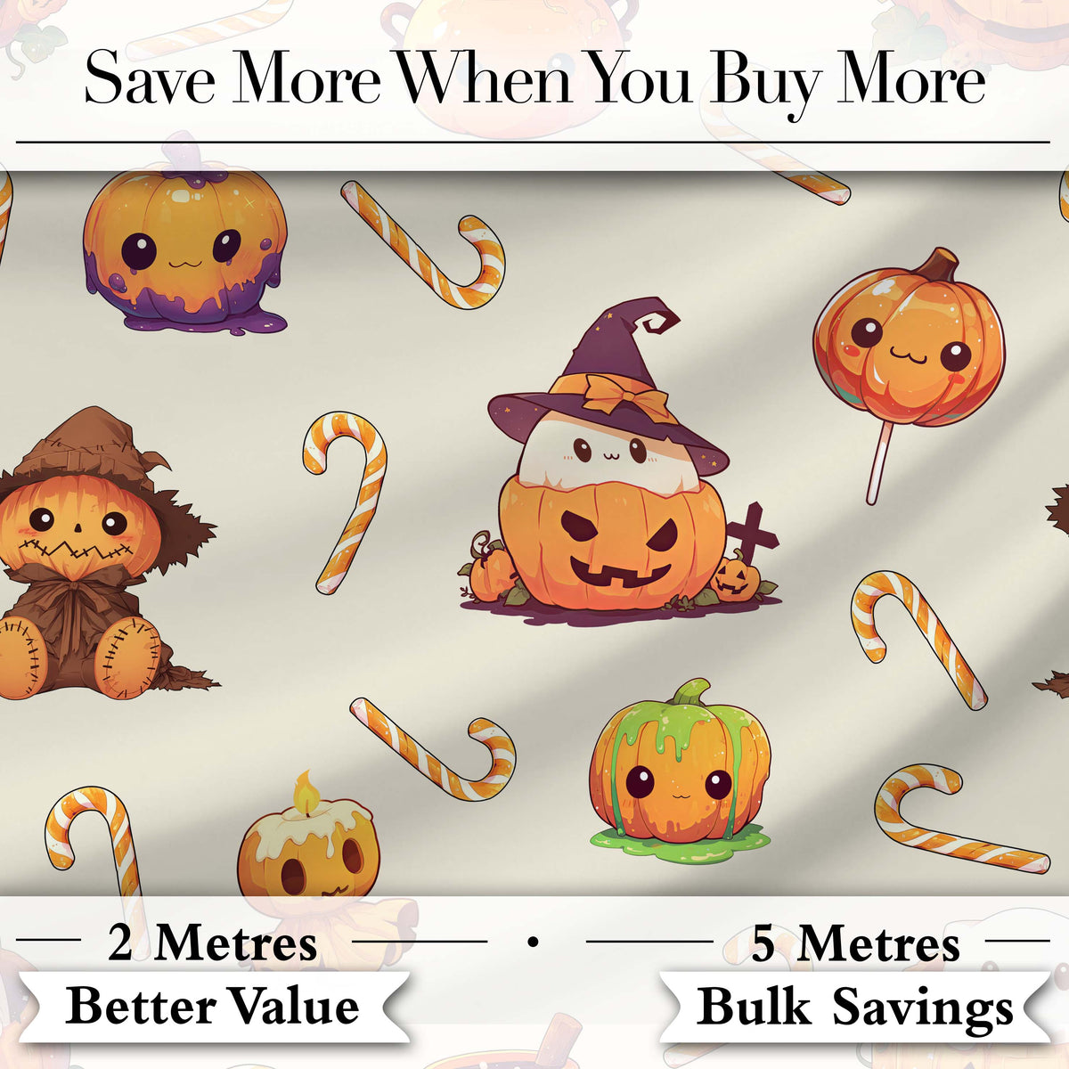 Cute Kawaii Halloween Pumpkin Candy Scarecrow Seamless Pattern Cream Background Digital Print Fabric by the Metre UK Sewing Quilting Textile