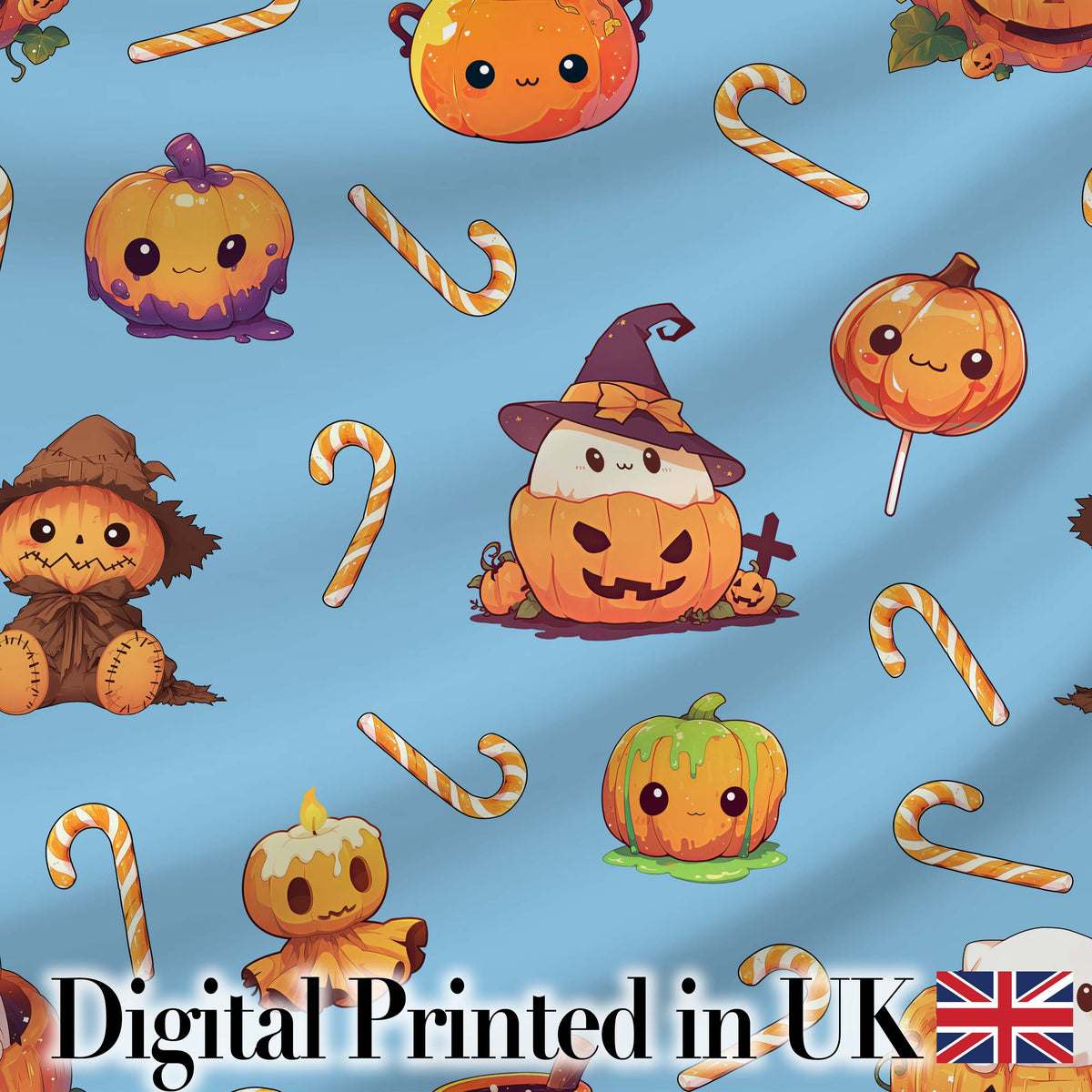 Cute Kawaii Halloween Pumpkin Candy Scarecrow Seamless Pattern Blue Background Digital Print Fabric by the Metre UK Sewing Quilting Textile