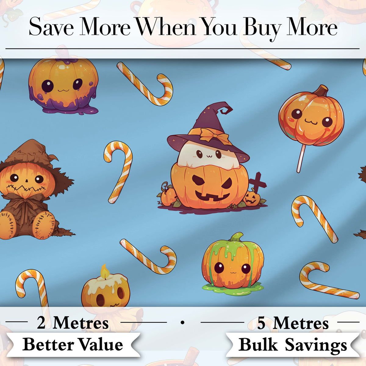 Cute Kawaii Halloween Pumpkin Candy Scarecrow Seamless Pattern Blue Background Digital Print Fabric by the Metre UK Sewing Quilting Textile