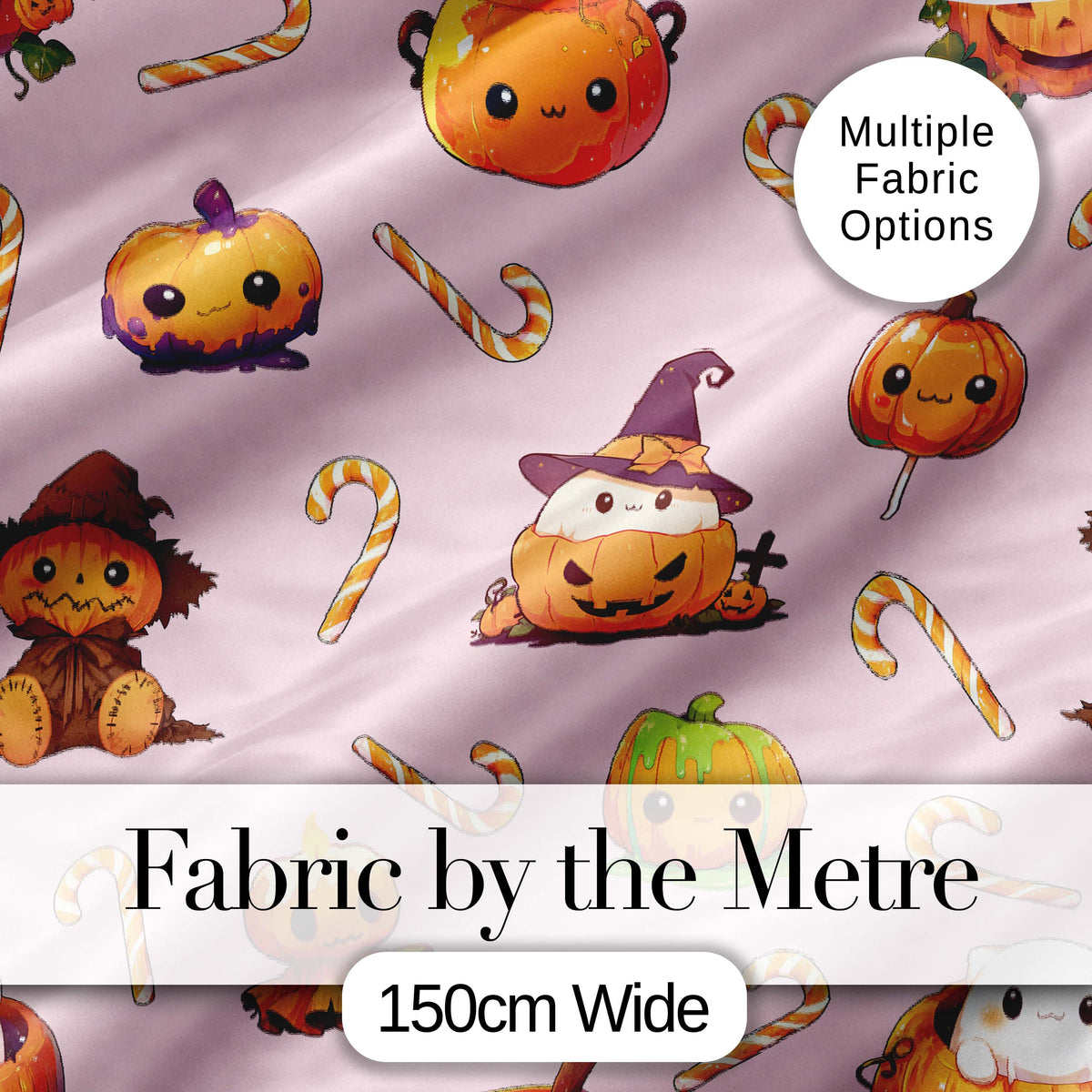 Cute Kawaii Halloween Pumpkin Candy Scarecrow Seamless Pattern Pink Background Digital Print Fabric by the Metre UK Sewing Quilting Textile