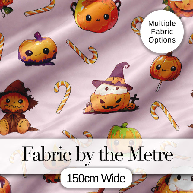 Cute Kawaii Halloween Pumpkin Candy Scarecrow Seamless Pattern Pink Background Digital Print Fabric by the Metre UK Sewing Quilting Textile