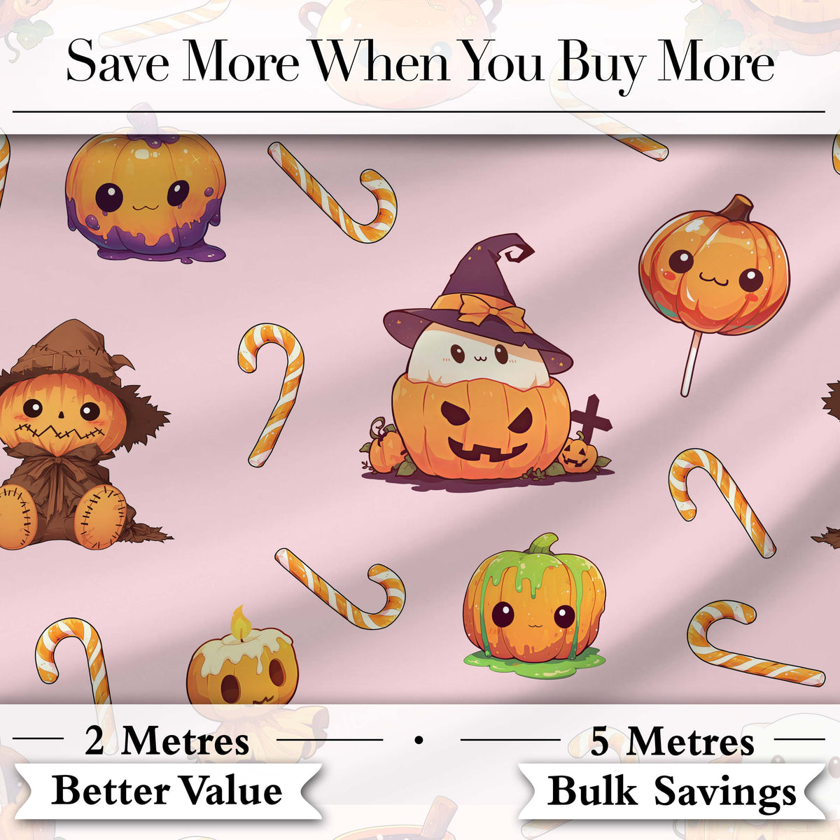 Cute Kawaii Halloween Pumpkin Candy Scarecrow Seamless Pattern Pink Background Digital Print Fabric by the Metre UK Sewing Quilting Textile