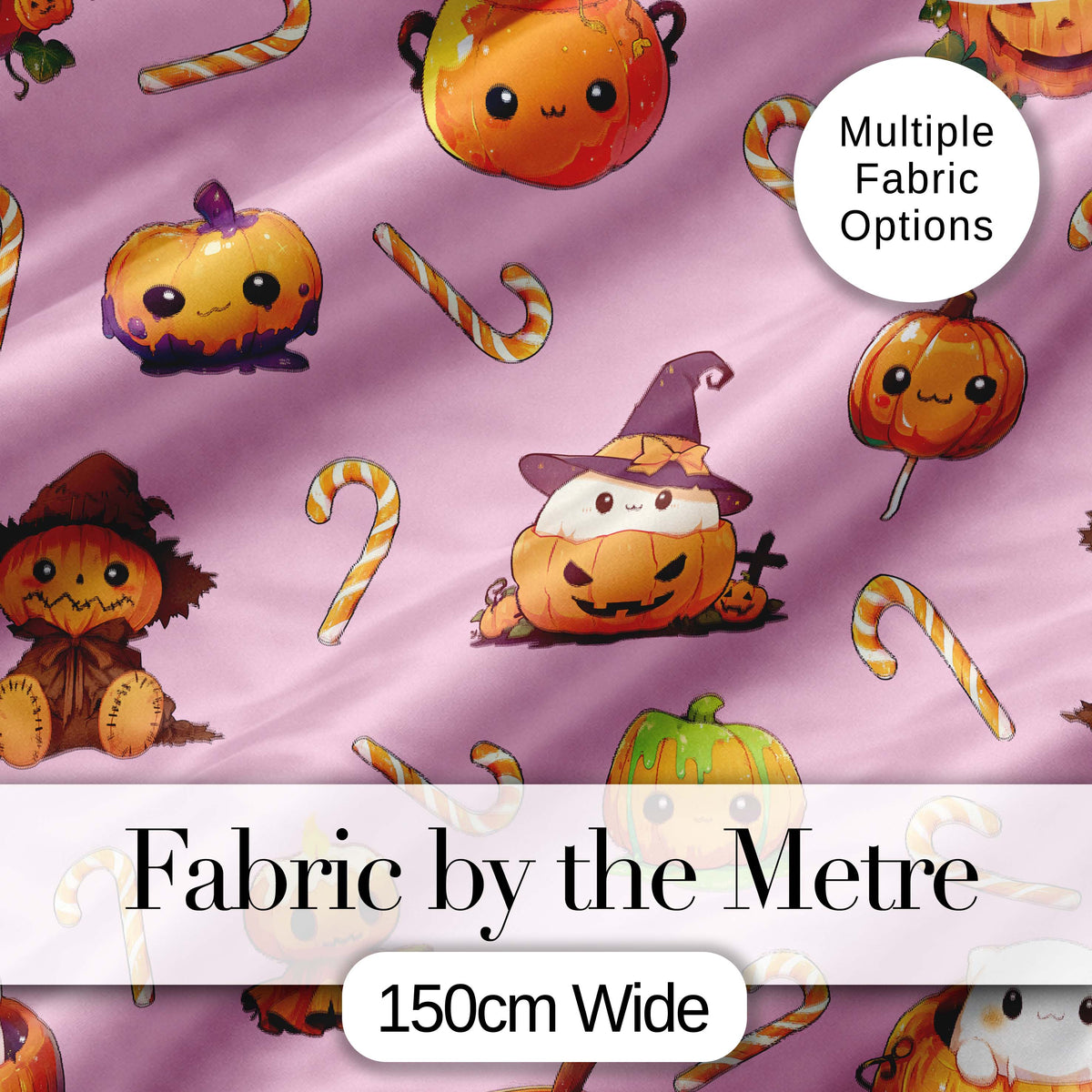 Cute Kawaii Halloween Pumpkin Candy Scarecrow Seamless Pattern Pink Background Digital Print Fabric by the Metre UK Sewing Quilting Textile