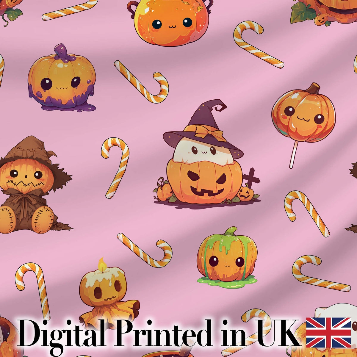 Cute Kawaii Halloween Pumpkin Candy Scarecrow Seamless Pattern Pink Background Digital Print Fabric by the Metre UK Sewing Quilting Textile