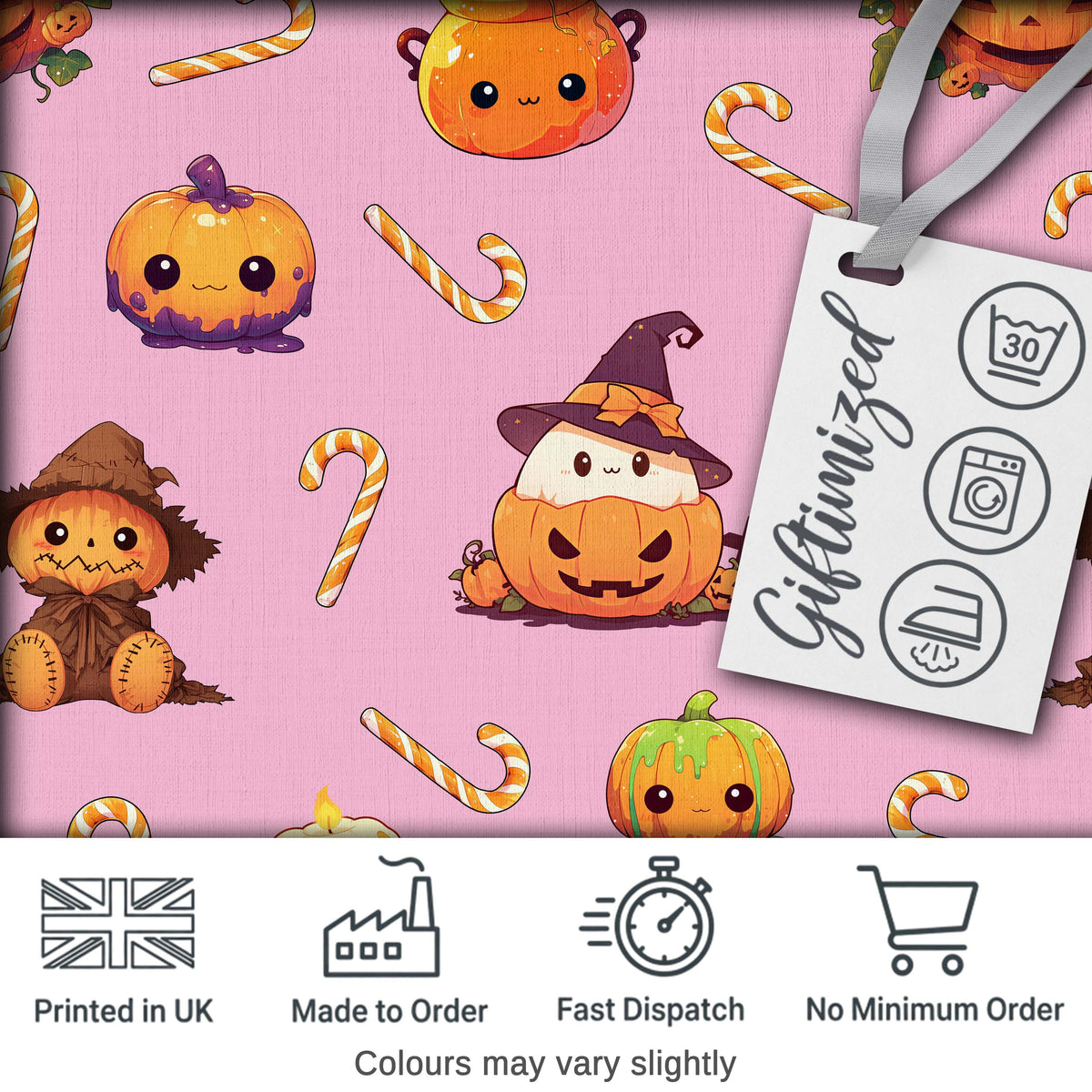 Cute Kawaii Halloween Pumpkin Candy Scarecrow Seamless Pattern Pink Background Digital Print Fabric by the Metre UK Sewing Quilting Textile