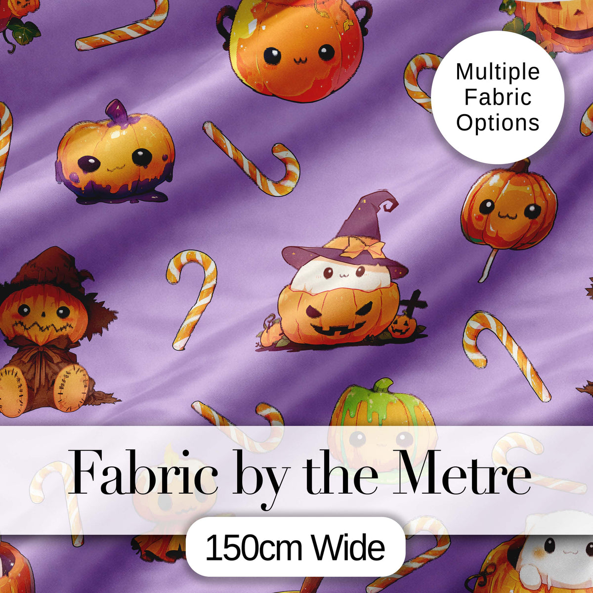 Cute  Halloween Pumpkin Candy Scarecrow Seamless Pattern Purple Background Digital Print Fabric by the Metre UK Sewing Quilting Textile