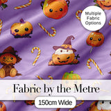 Cute  Halloween Pumpkin Candy Scarecrow Seamless Pattern Purple Background Digital Print Fabric by the Metre UK Sewing Quilting Textile