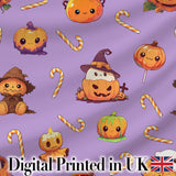 Cute  Halloween Pumpkin Candy Scarecrow Seamless Pattern Purple Background Digital Print Fabric by the Metre UK Sewing Quilting Textile