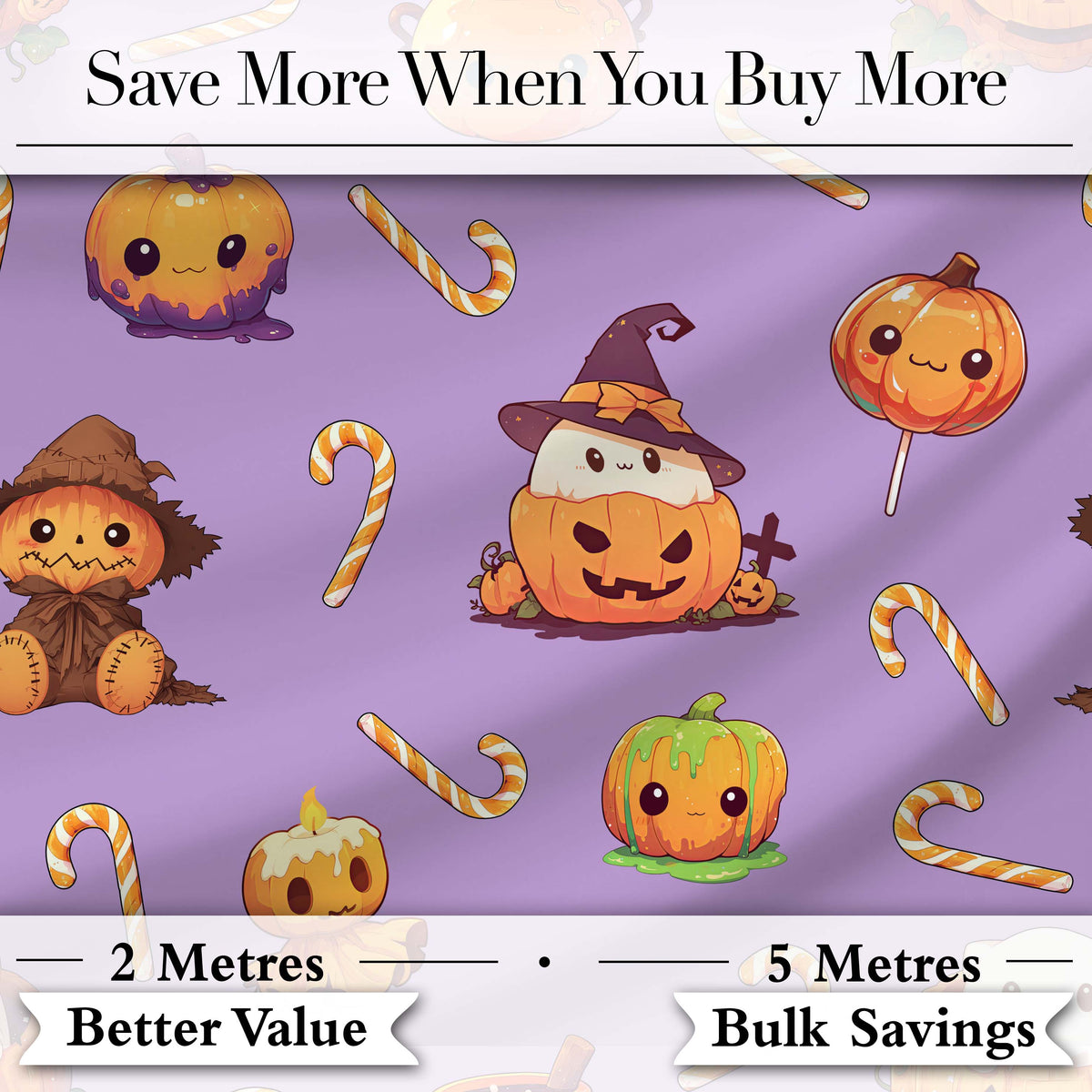 Cute  Halloween Pumpkin Candy Scarecrow Seamless Pattern Purple Background Digital Print Fabric by the Metre UK Sewing Quilting Textile